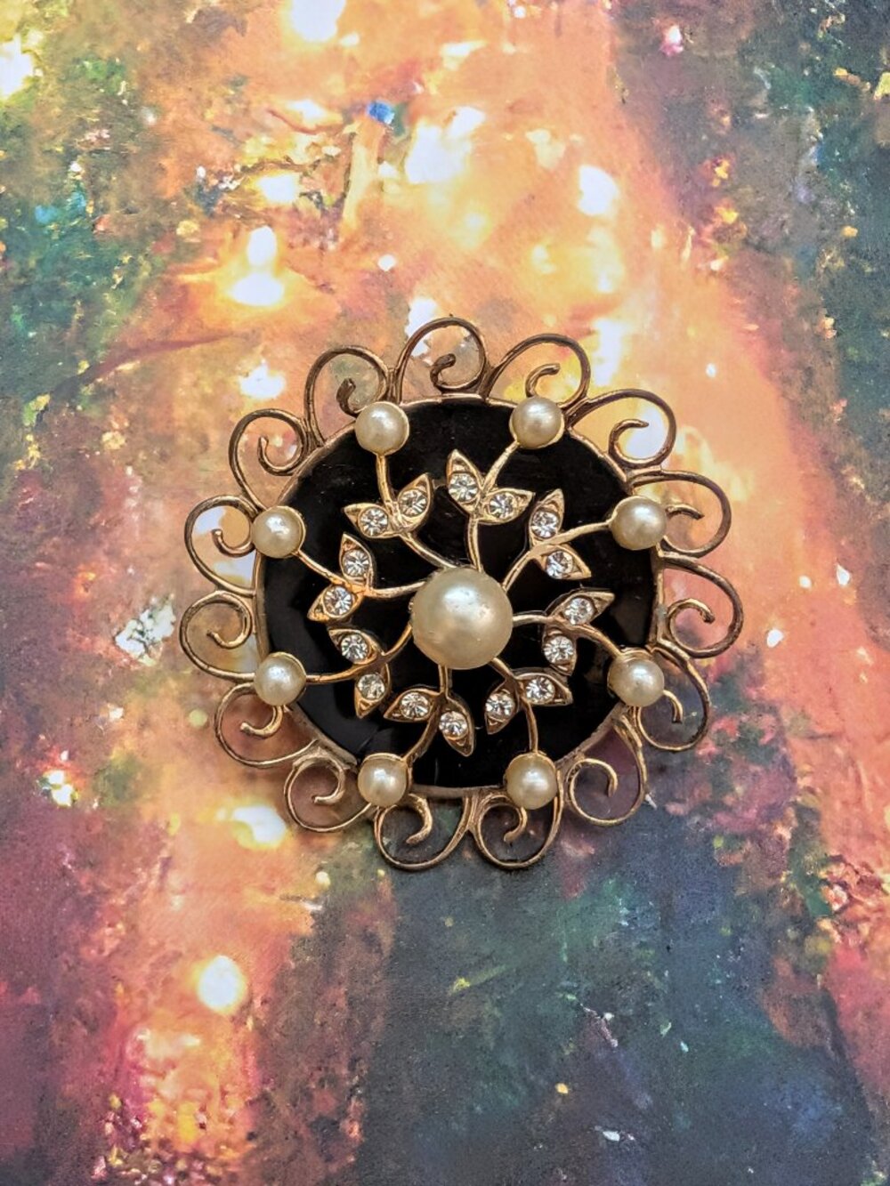 Vintage 1960's signed Coro Brooch Black Enamel Gold Tone Filigree Rhinestones